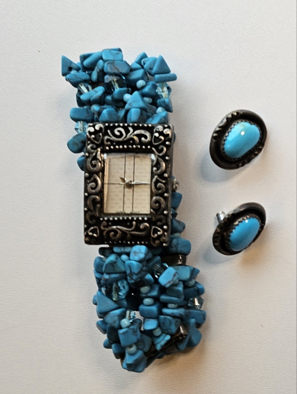 Turquoise Stone Stretch Watch and Matching Earrings